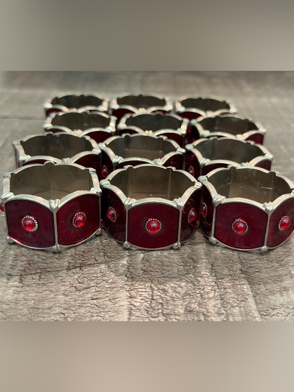 Set Of 12 Pottery Barn Napkin Holder Rings Enamel Red Jewels Hexagon